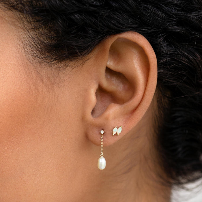 14k gold pearl drop earrings with white sapphire and opal studs