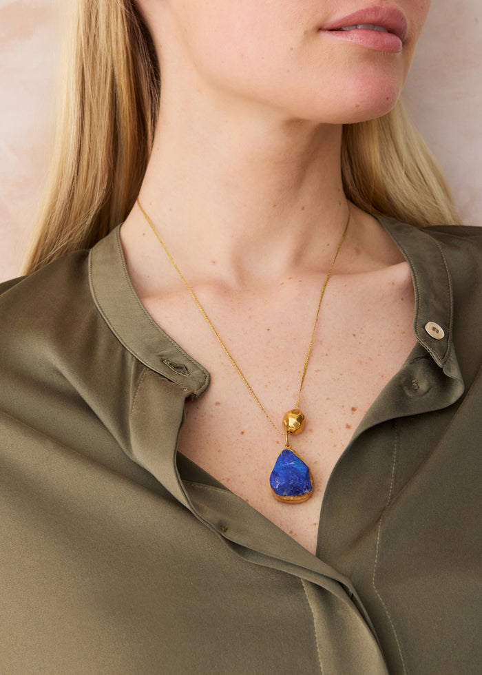 18kt Gold Vermeil Afghanistan Zindagi Now Single Lapis Pendant & Gold Bead on Cord