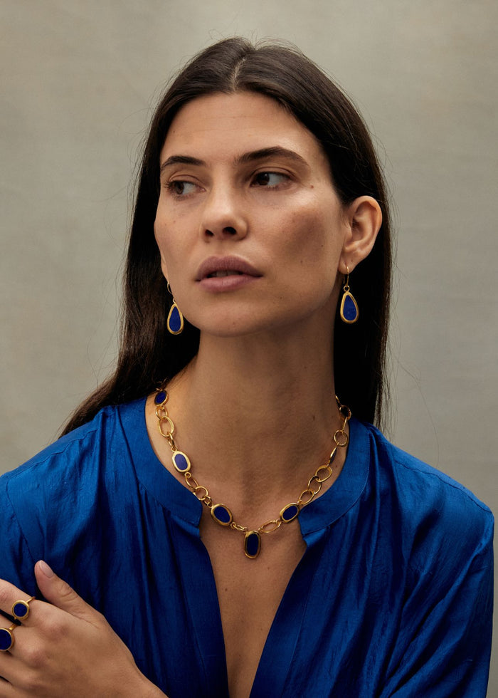model wearing 18kt Gold Vermeil PSTM Afghanistan Samar Anara Lapis Necklace & 18kt Gold Vermeil PSTM Afghanistan Samar Anara Single Drop Lapis Earrings