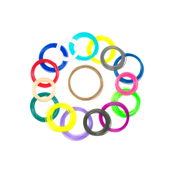 A bunch of filament rings in many colors against a white background