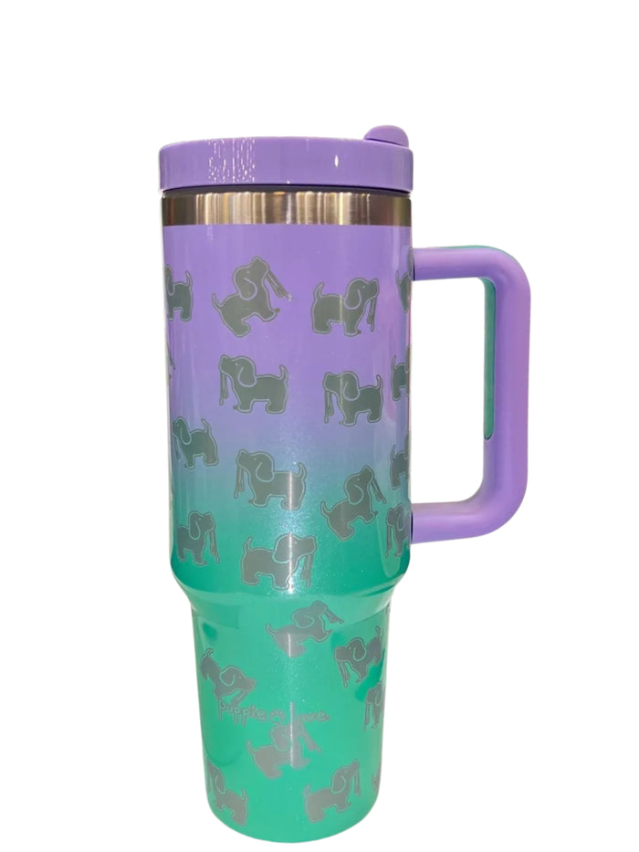 40oz STAINLESS TUMBLER, VIOLET/GREEN OMBRE PUPPIE LOVE