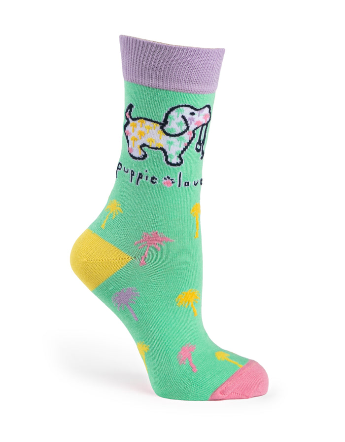 ADULT CREW SOCK, RAINBOW PALM TREES PUP PUPPIE LOVE