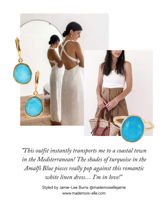 Blue gemstone statement ring and earrings style inspiration