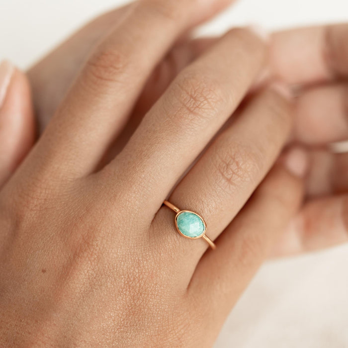 Gold ring with turquoise gemstone on model
