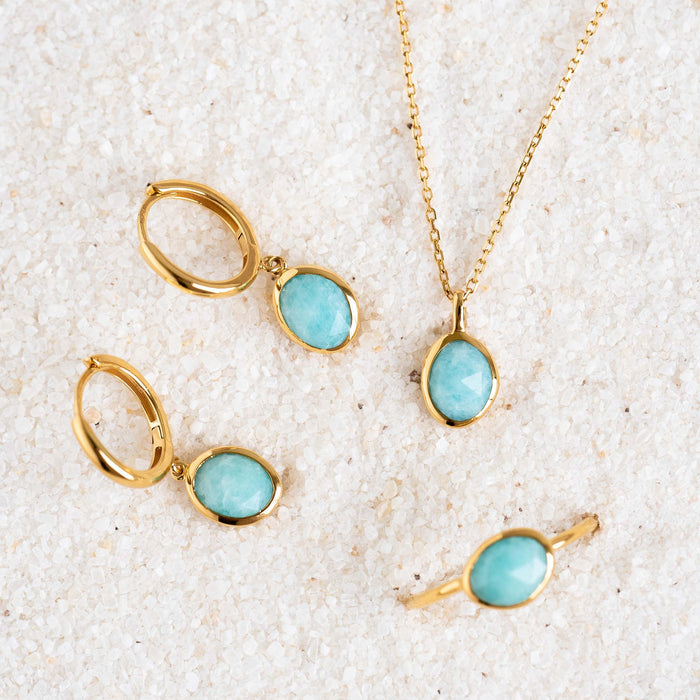 Amazonite earrings, ring and necklace in gold