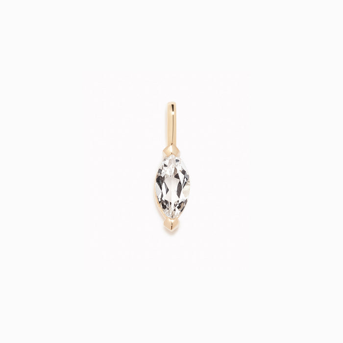 April Birthstone Pendant 14k Gold - White Topaz marquise-cut gemstone set in polished 14k gold on white background