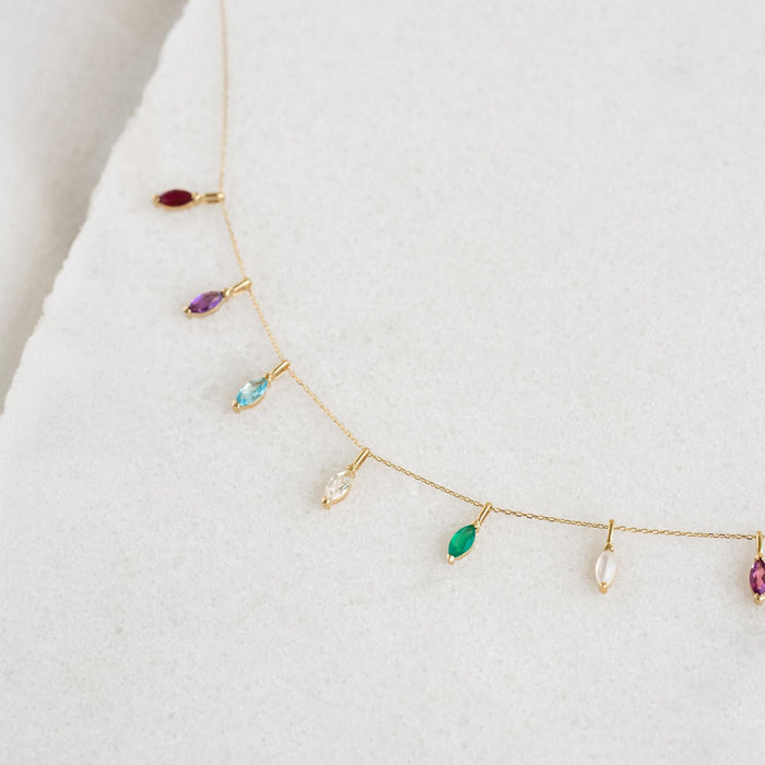 April Birthstone Pendant 14k Gold - White Topaz with multiple colorful marquise-cut gemstones on delicate gold chain