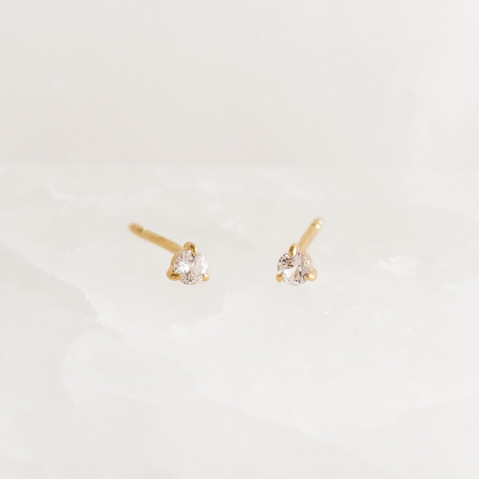 April Birthstone Stud Earrings 14k Gold - White Sapphire with small white sapphire stones set in 14k yellow gold