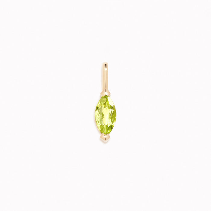 August Birthstone Pendant 14k Gold - Olivine marquise-cut gemstone set in a simple gold pendant on white background