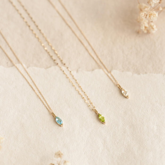 August Birthstone Pendant 14k Gold - Olivine marquise-cut gemstone necklace on delicate gold chain