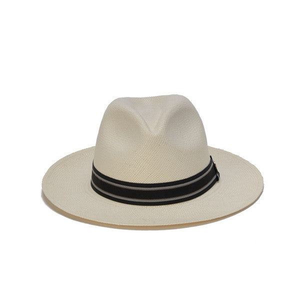 Austral Hats - White Panama Hat with Striped Black and Grey Band - Front
