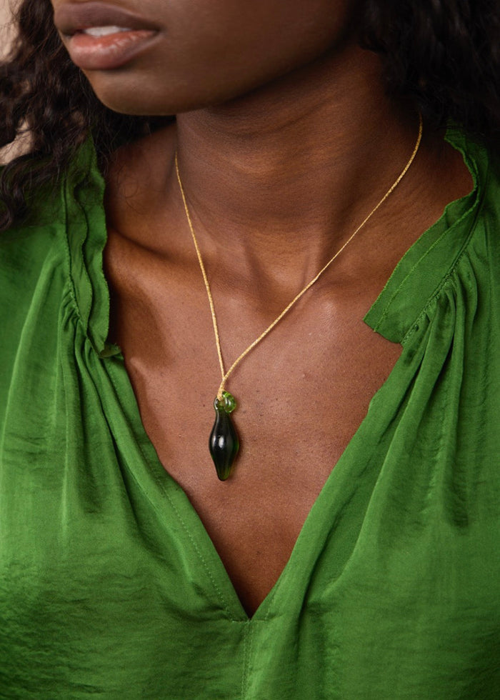 Model Wearing Azaz Green Glass Seed Bead on Cord