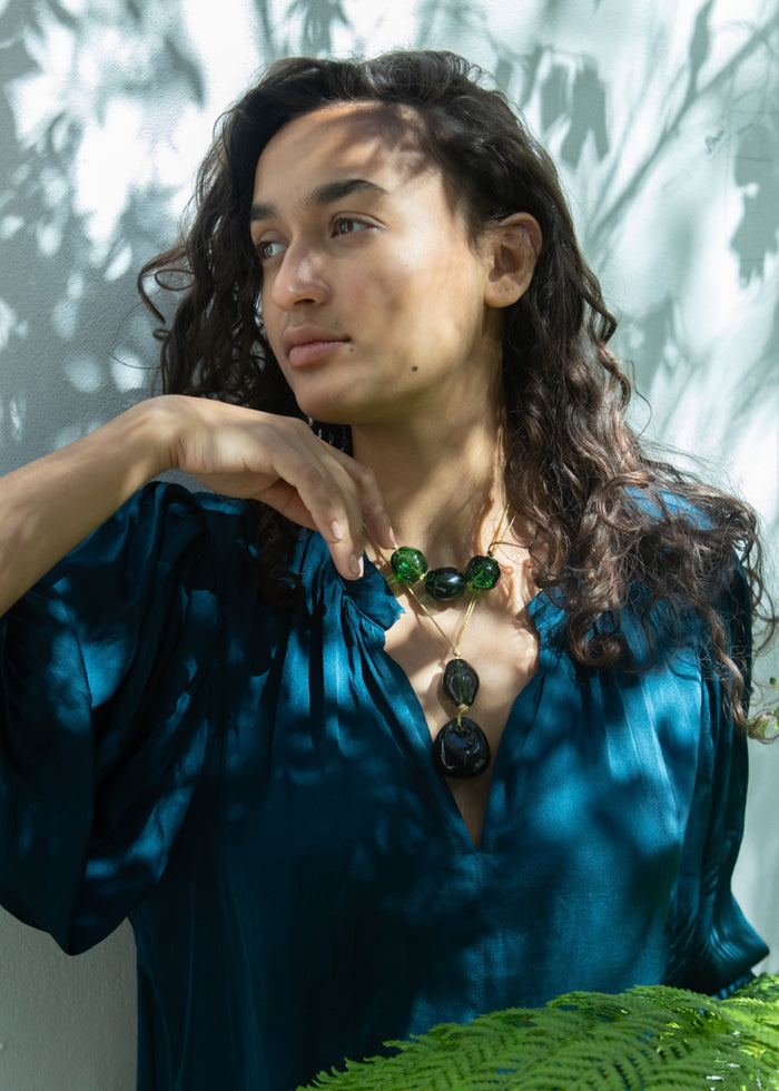 Azaz Teal Glass Double Beaded Necklace on Cord