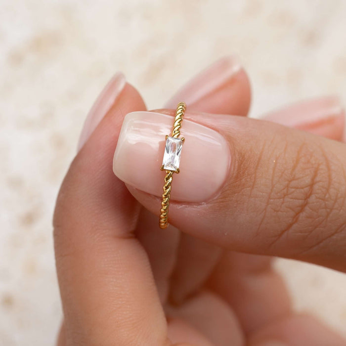 Baguette cut gemstone ring in gold vermeil with cubic zirconia