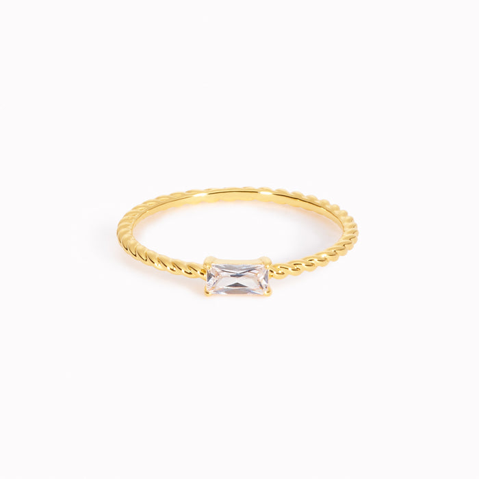 Cubic zirconia baguette gemstone on twisted gold vermeil band