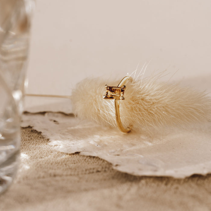 Baguette ring with citrine gemstone made with gold vermeil