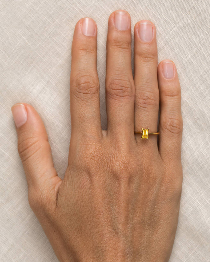 Yellow quartz gemstone ring in baguette cut on gold vermeil band