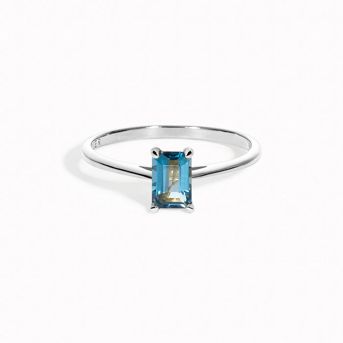 Baguette london blue topaz gemstone ring in sterling silver