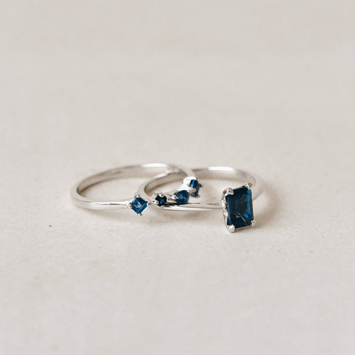 Sterling silver baguette ring with blue topaz and irregular blue topaz gemstone ring