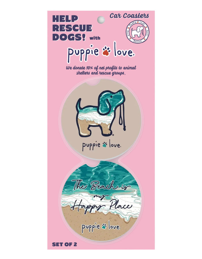 BEACH IS MY HAPPY PLACE PUP CAR COASTER PUPPIE LOVE