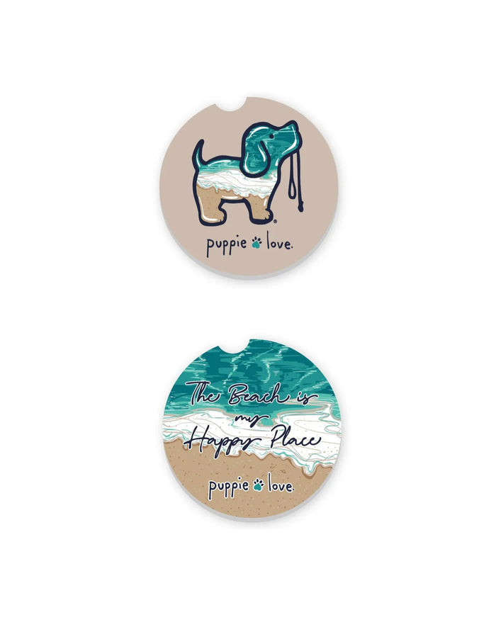BEACH IS MY HAPPY PLACE PUP CAR COASTER PUPPIE LOVE