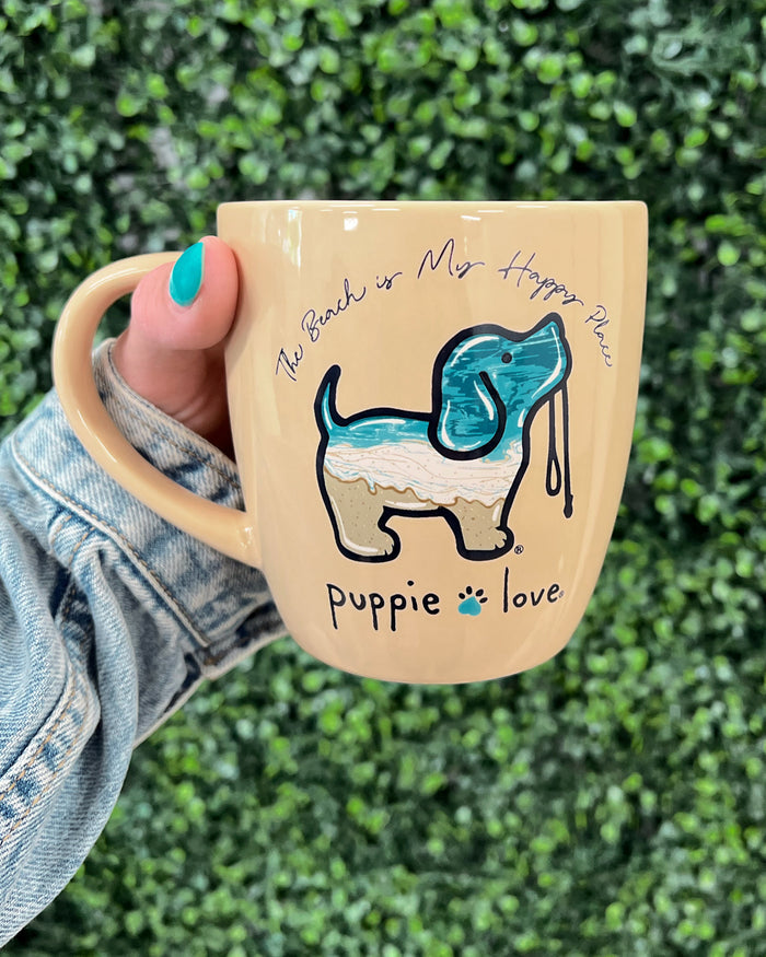 BEACH IS MY HAPPY PLACE PUP MUG PUPPIE LOVE