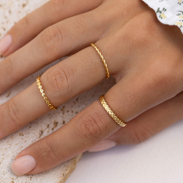 Gold vermeil ring stack on model