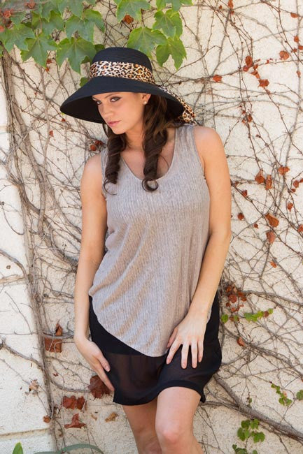 California Hat Company - Black Wide Brim Sun Hat with Leopard Trim