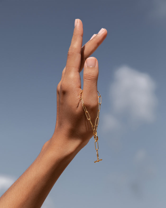 Gold vermeil paperclip chain bracelet on model