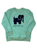CHENILLE EMBROIDERED SWEATER, CELADON PUPPIE LOVE