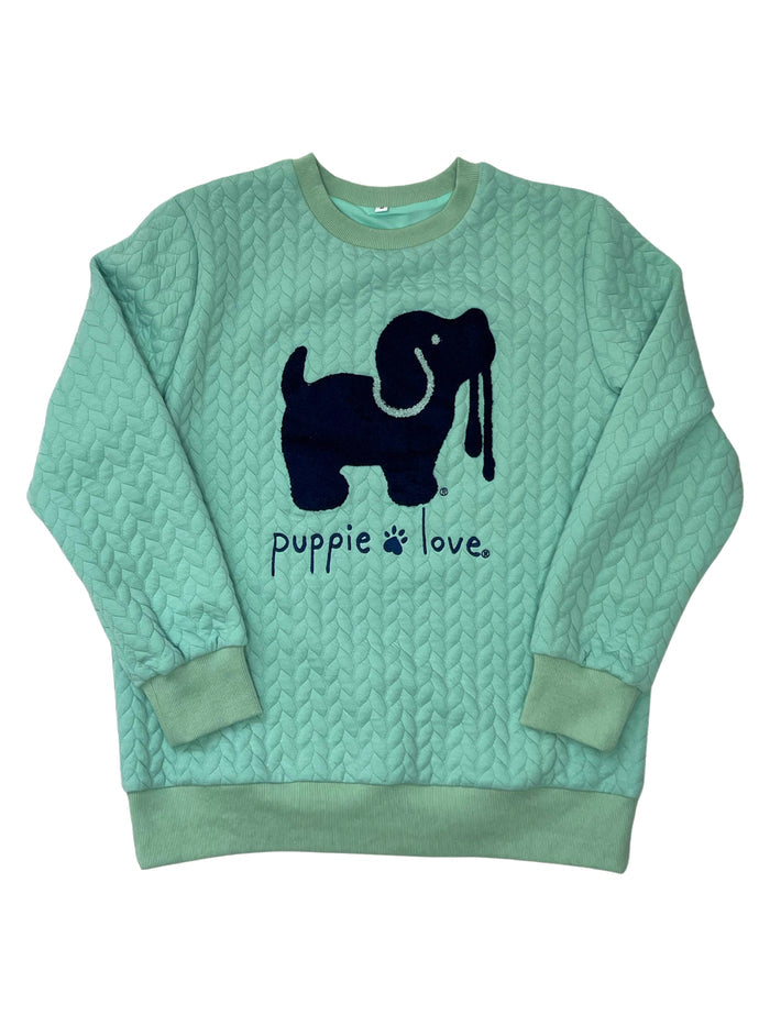 CHENILLE EMBROIDERED SWEATER, CELADON PUPPIE LOVE