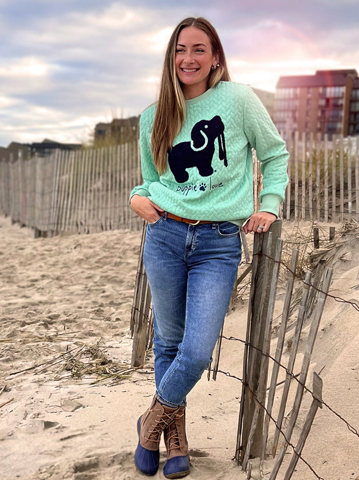 CHENILLE EMBROIDERED SWEATER, CELADON PUPPIE LOVE
