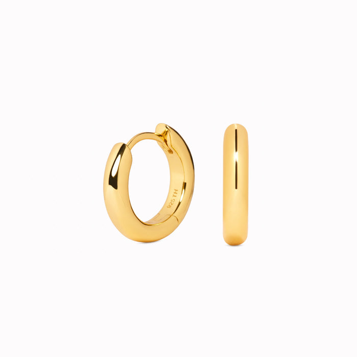 Chunky Huggie Hoop Earrings - Dione in polished gold vermeil shown from front and side on white background