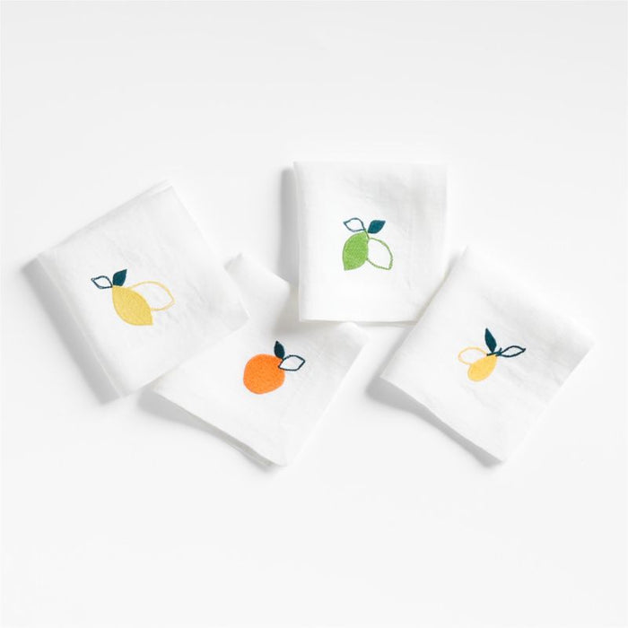 Citrus Embroidered European Flax ¬Æ-Certified Linen Cocktail Napkins, Set of 4