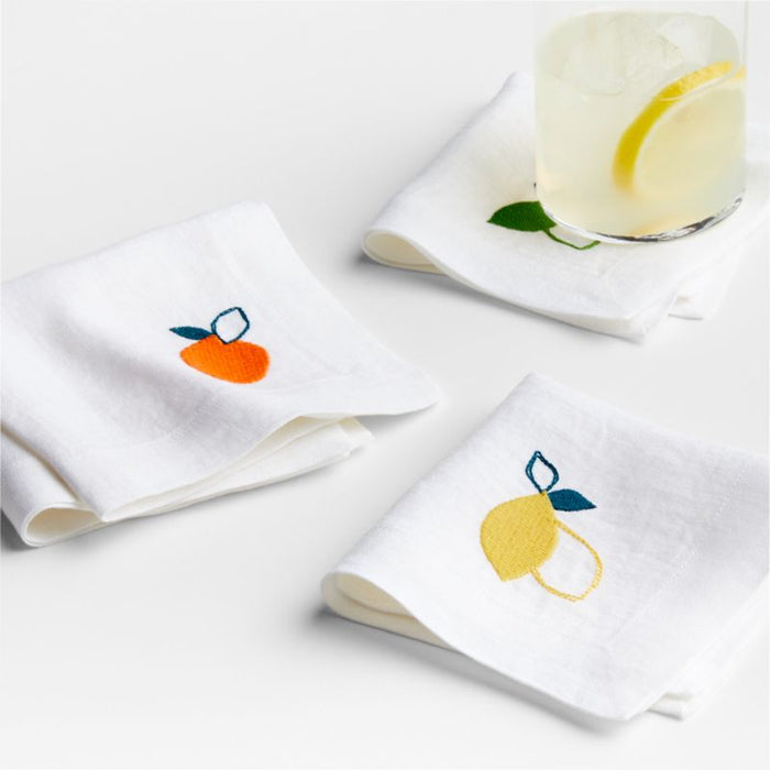 Citrus Embroidered European Flax ¬Æ-Certified Linen Cocktail Napkins, Set of 4