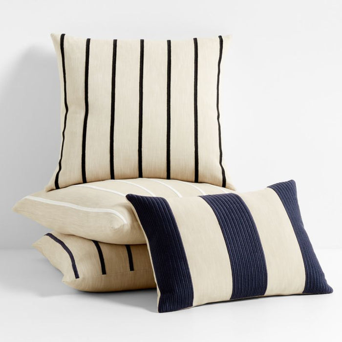 Como Cotton Embroidered Thin Stripe 23"x23" Ink Black Throw Pillow Cover