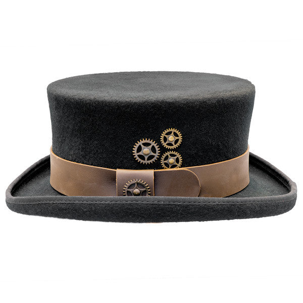 Conner - Low Crown Steam Punk Top Hat in Black - Side, Cogs Accessory