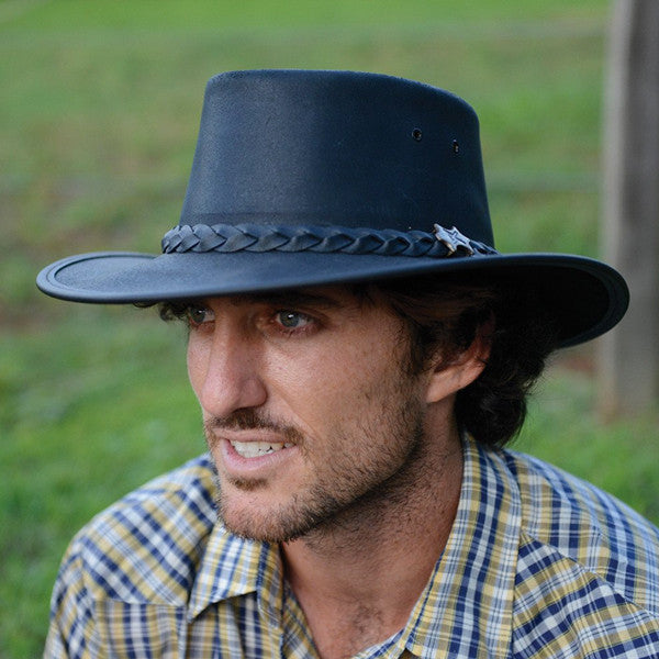 Conner - Black Stockman Oily Australian Leather Hat - Model