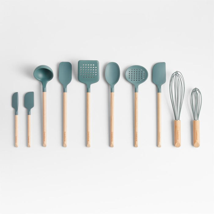 Crate & Barrel Deep Sage Green Silicone and Wood Mini Spatulas, Set of 2