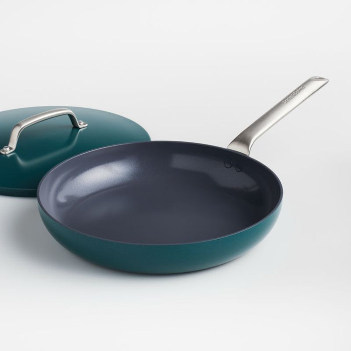 Crate & Barrel EvenCook Ceramic Ñ¢ Deep Teal Ceramic Nonstick 12" Fry Pan with Lid