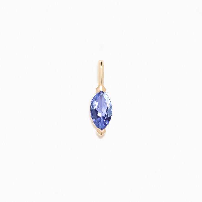 December Birthstone Pendant 14k Gold - Tanzanite marquise-cut gemstone set in a simple gold bezel on white background