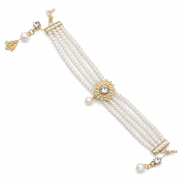 Elegant Multi-Layer Pearl Bracelet for Women – Gold-Tone Floral Statement Jewellery