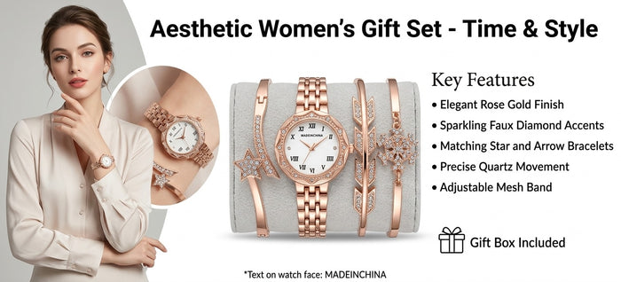 Elegant Rose Gold Women’s Watch & Bracelet Gift Set