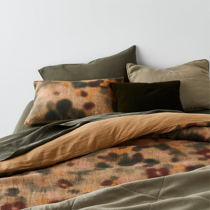 EUROPEAN FLAX -Certified Linen Oversized Floral Ocher Tan and Green King Pillow Sham Cover