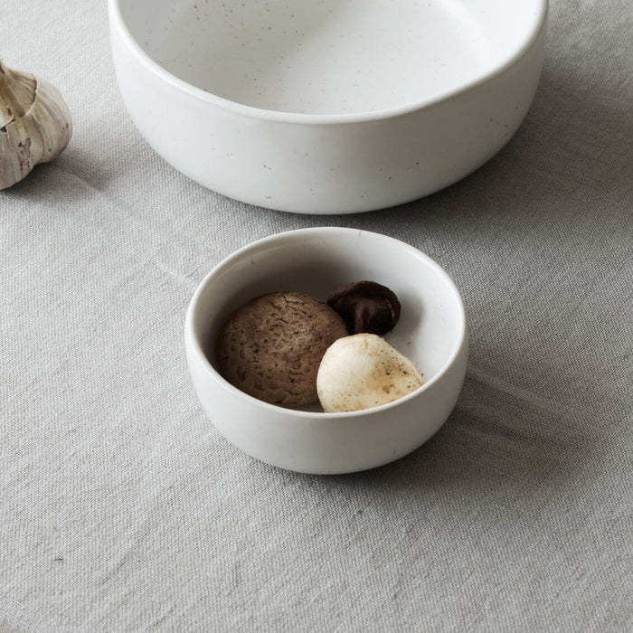 Everything bowls dinnerware by Fable Home, shown in a speckledwhite finish. – #speckledwhite