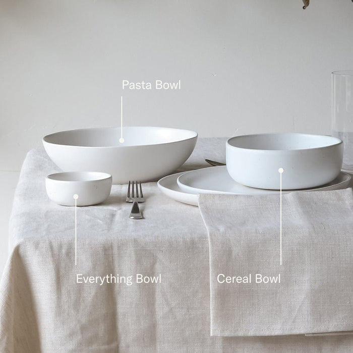 Everything bowls dinnerware by Fable Home, shown in a speckledwhite finish. – #speckledwhite