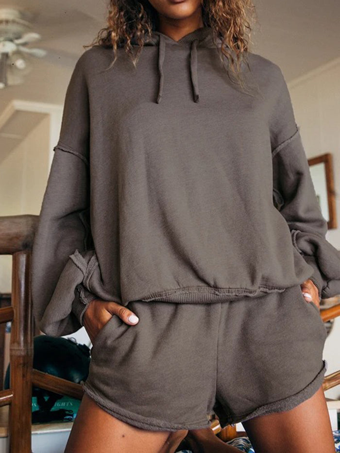 Fashion Casual Solid Color Hooded Two-piece Suit