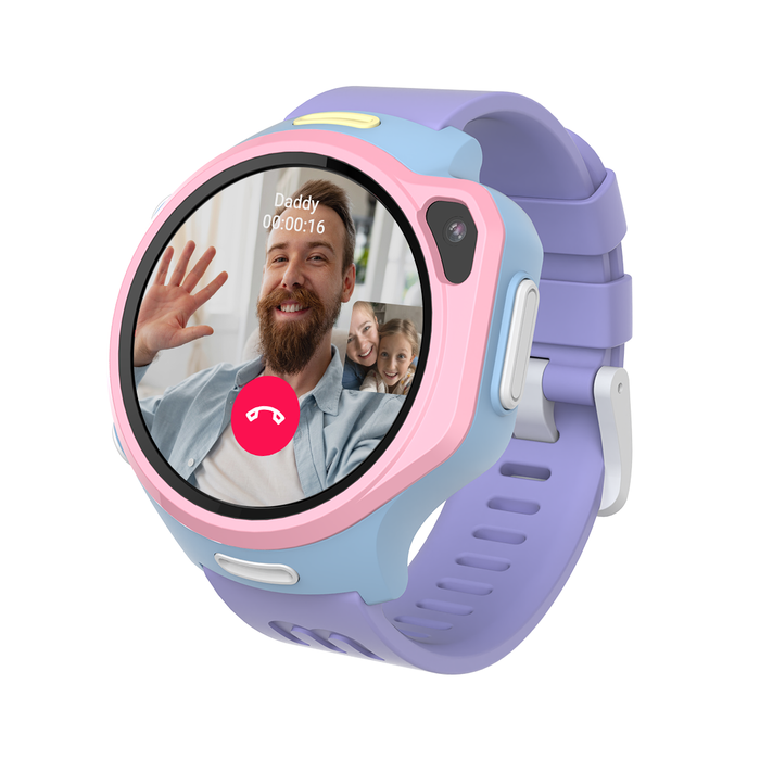 myFirst Kid Smartwatch Fone R2 with a colorful band displaying a video call interface on a white background