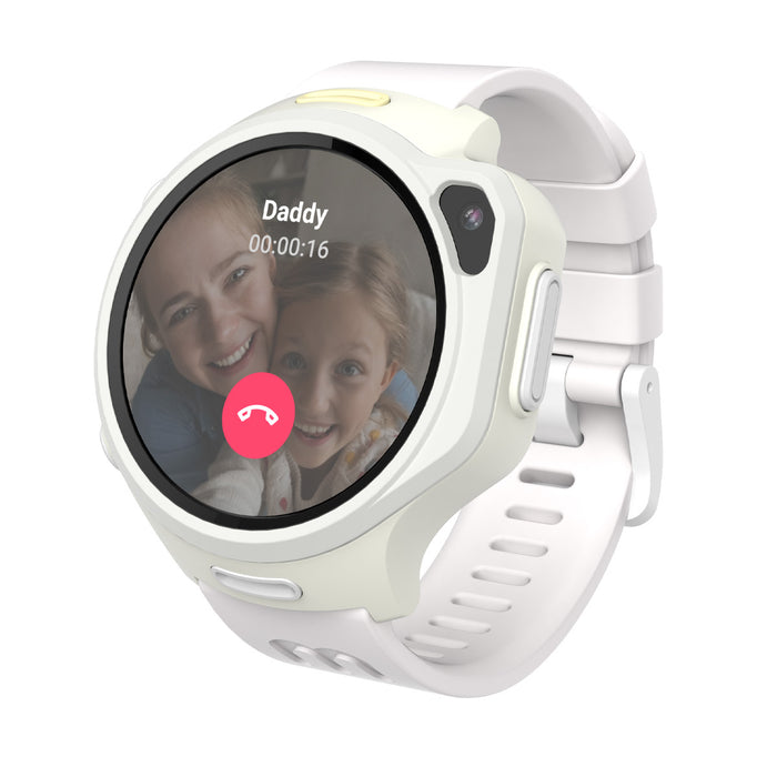 myFirst Fone R2 white kids smartwatch displaying a live video call from Daddy with a red end-call button on the screen.