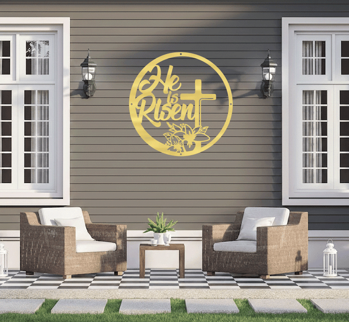 He Is Risen Floral Cross Metal Wall Art